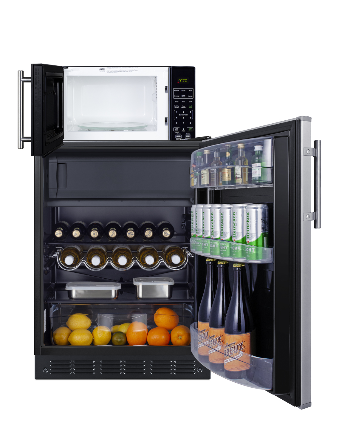 Counter height refrigerator-freezer with stainless steel door and compact microwave in black with allocator and USB ports for 1-plug operation; ships in three boxes on one pallet